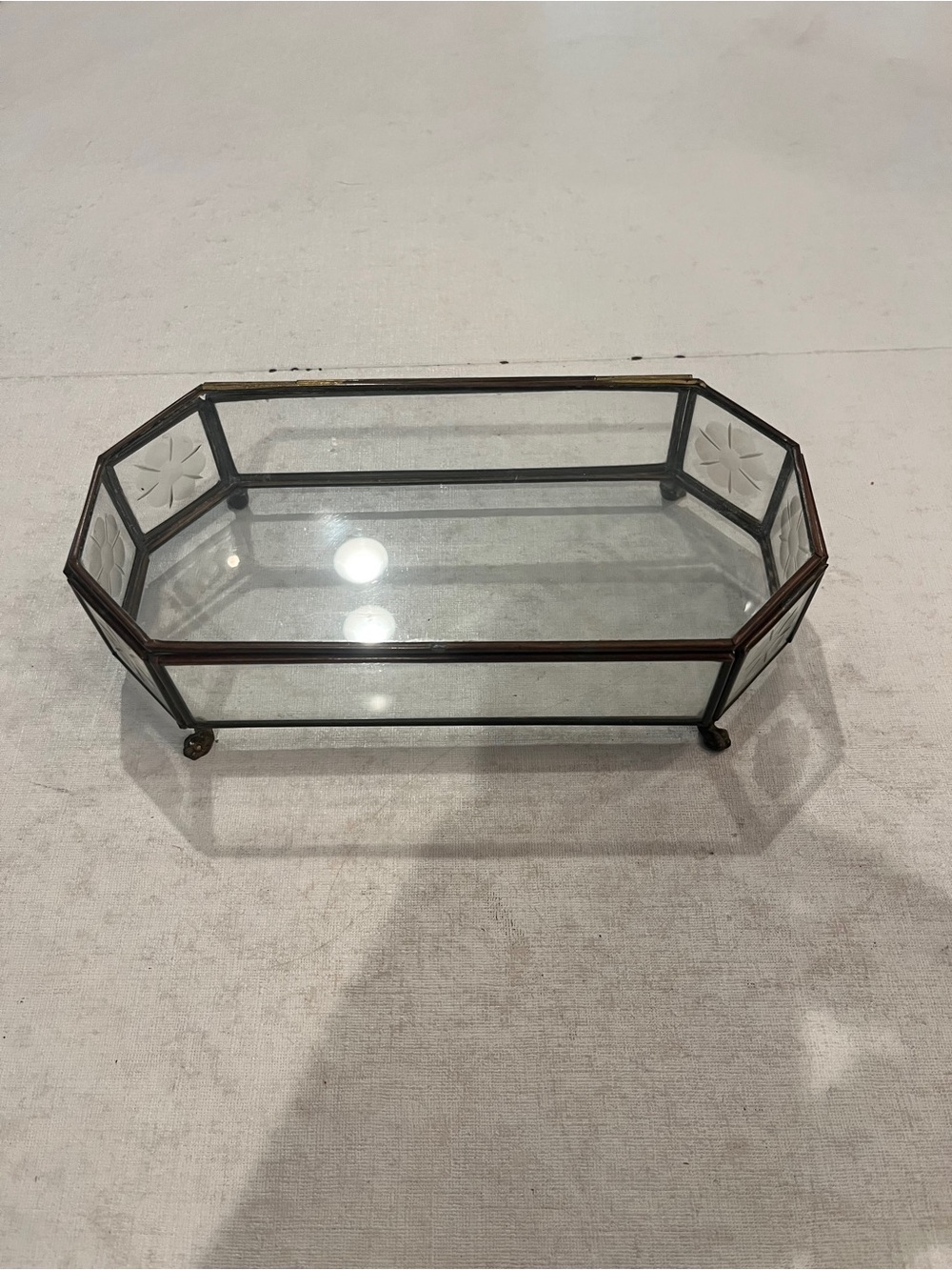 Vintage brass edged floral etched Glass Octagonal Jewelry Trinket Box.
